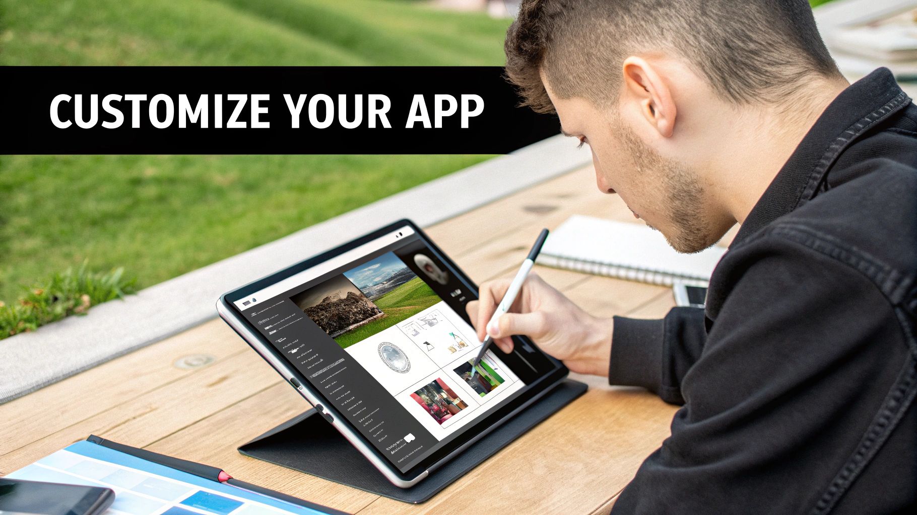 A man customizes an app on a tablet with a stylus, sitting outdoors at a wooden table.