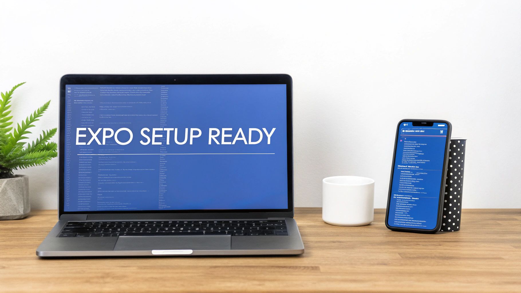 A laptop displaying 'EXPO SETUP READY' text, a smartphone, cup, and plant on a wooden desk.