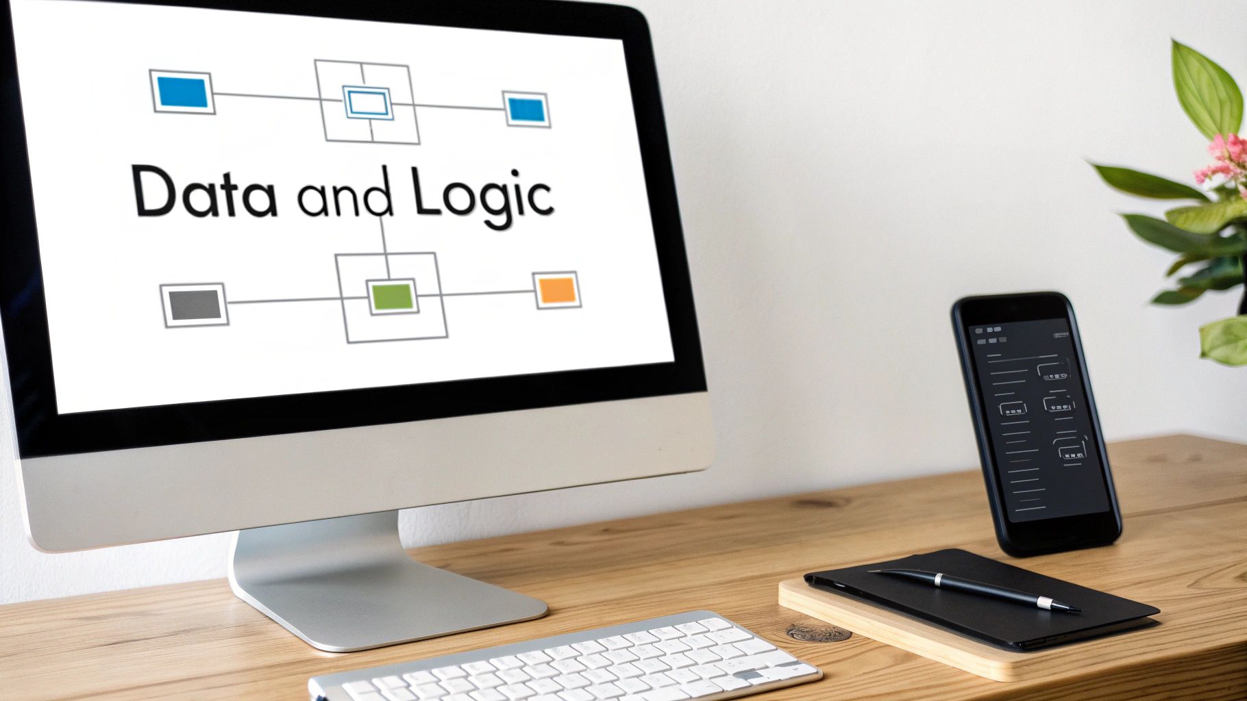A computer monitor displaying 'Data and Logic' with a diagram, a smartphone, and a notebook on a wooden desk.