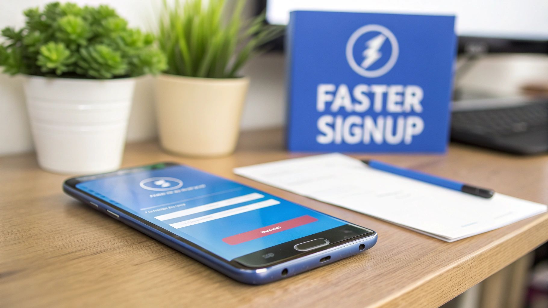 A blue smartphone displaying a login screen, with a 'Faster Signup' sign and plants on a desk.