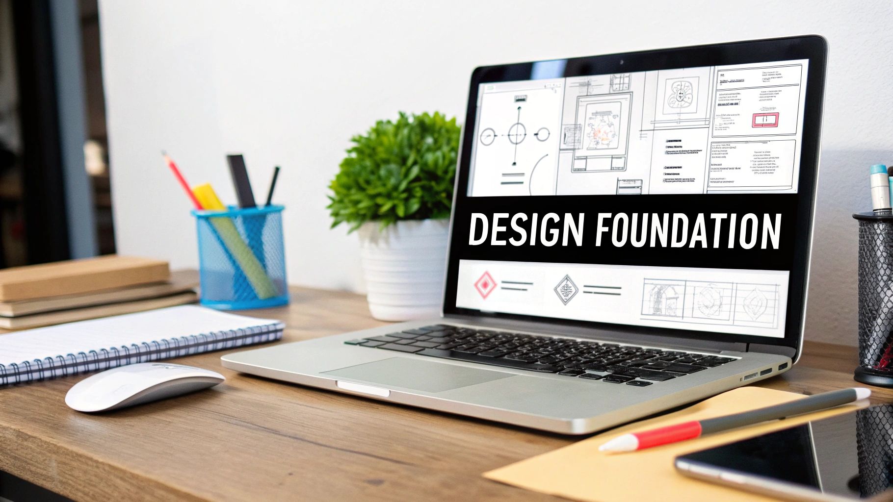 A laptop on a wooden desk displaying 'DESIGN FOUNDATION' and architectural designs, with office supplies.