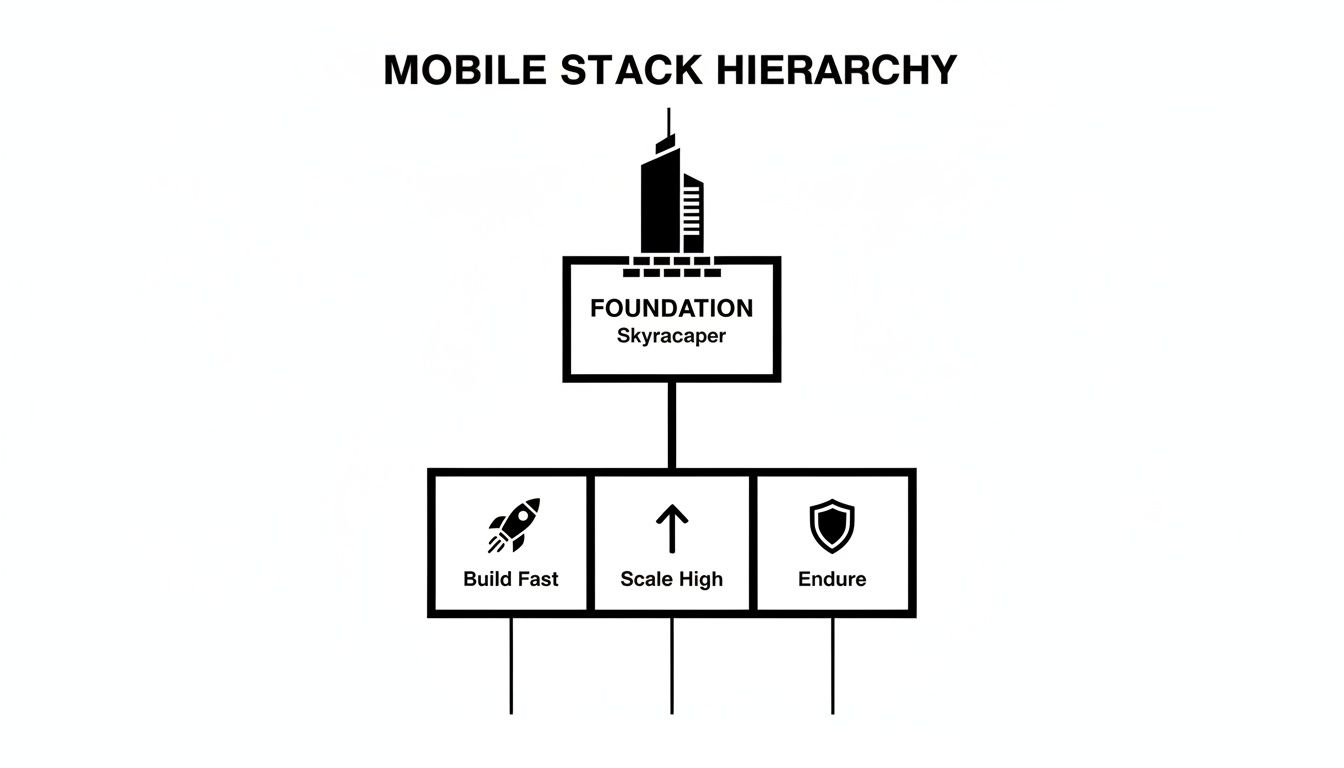 A mobile stack hierarchy diagram showing 'FOUNDATION Skyracaper' supporting 'Build Fast', 'Scale High', and 'Endure'.