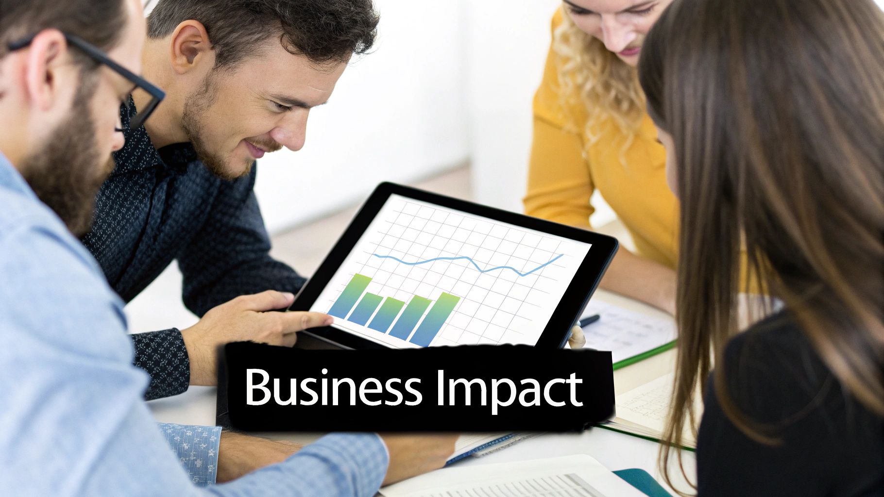 Three diverse professionals analyzing business data and charts on a tablet, discussing business impact.