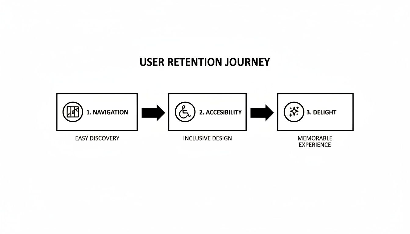 Flowchart illustrating the user retention journey with three steps: navigation, accessibility, and delight for apps.