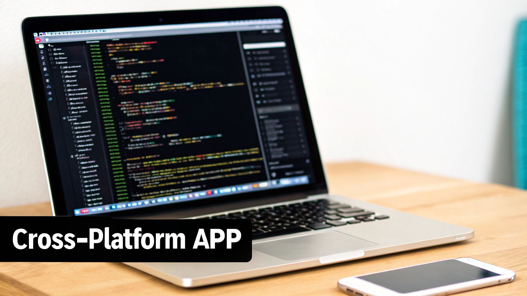 A laptop displaying code and a smartphone on a wooden desk, signifying cross-platform app development.