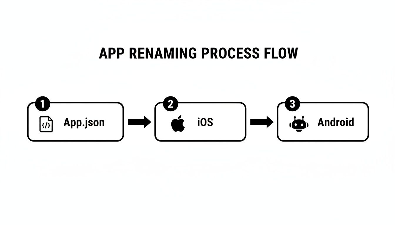 A process flow diagram showing how to rename an application across App.json, iOS, and Android platforms.