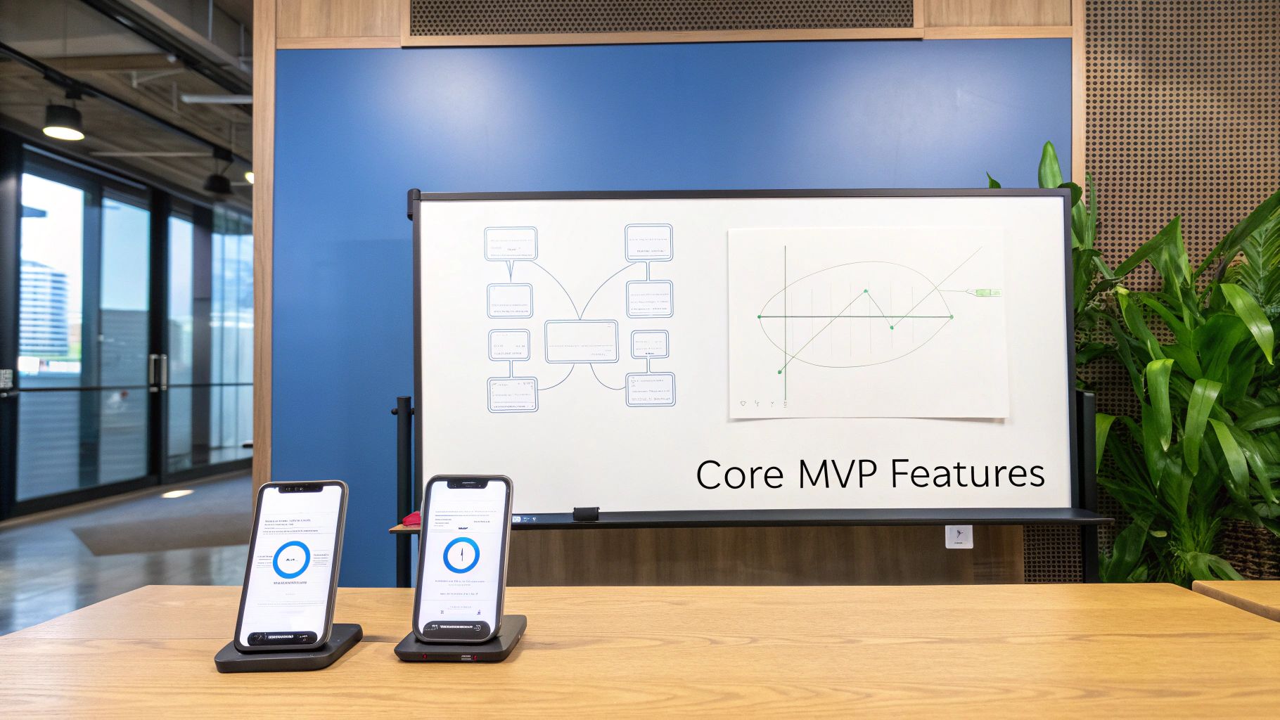Modern office setup with whiteboard illustrating app features and two smartphones on a wooden desk.