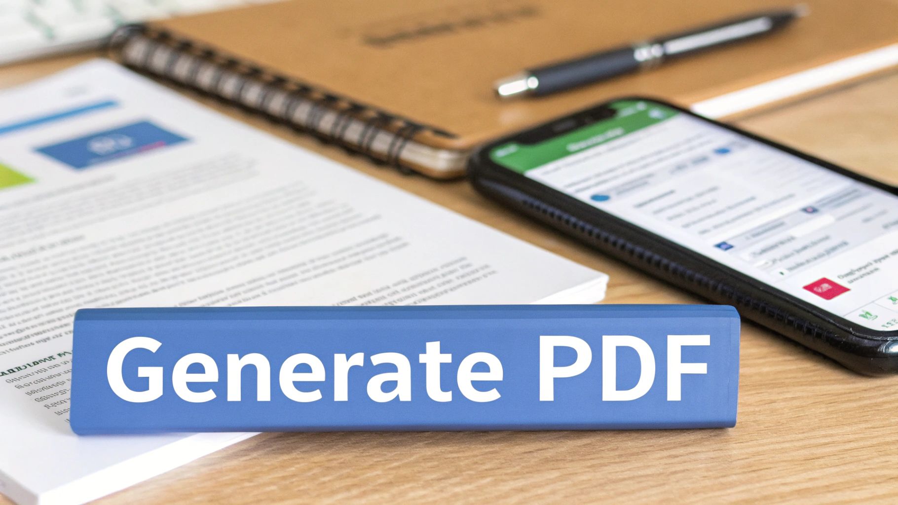 A blue block with 'Generate PDF' text, alongside a document, notebook, pen, and smartphone, on a wooden table.