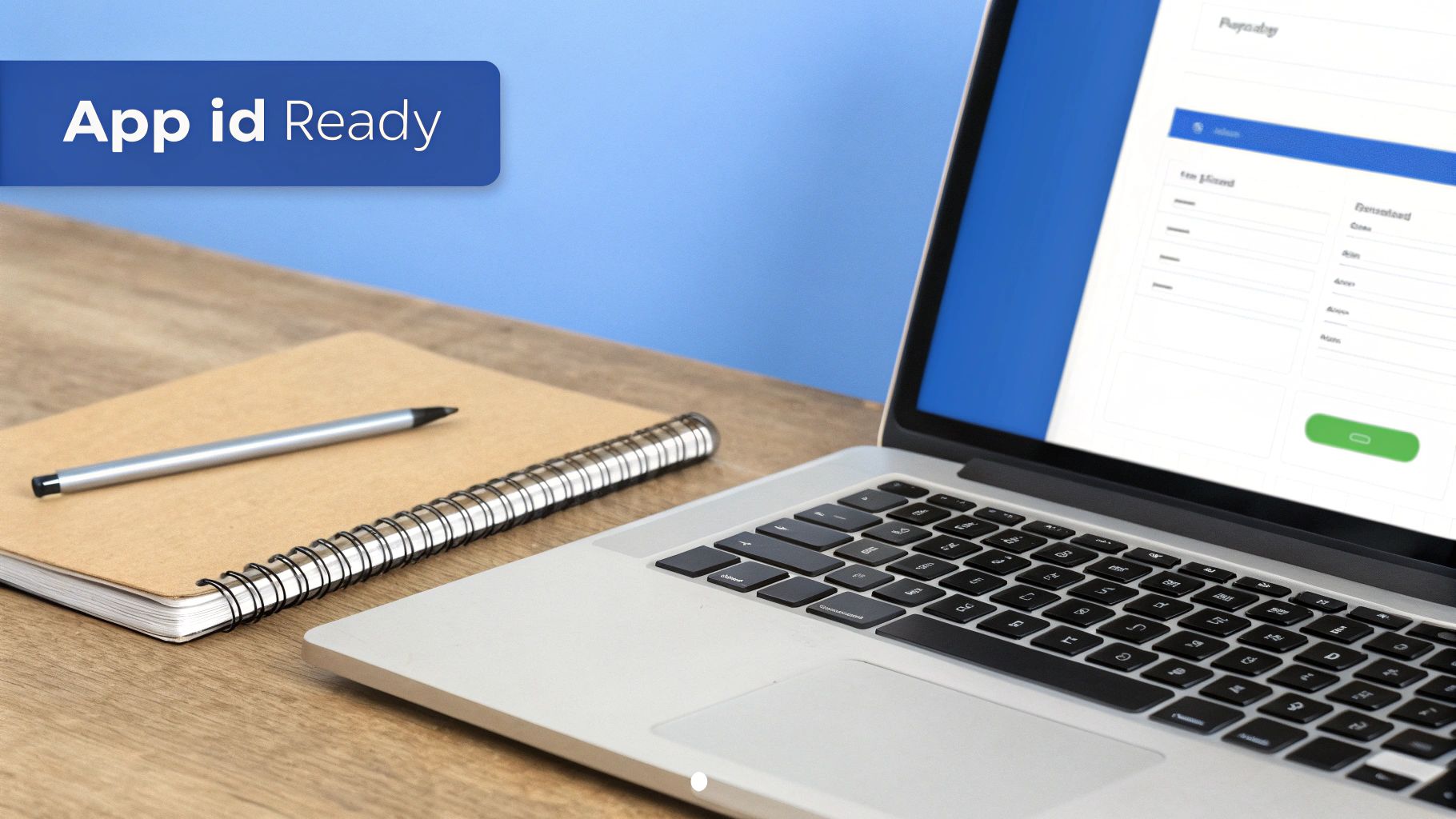 A laptop displaying 'App id Ready' message, a notebook, and a pen on a wooden desk.