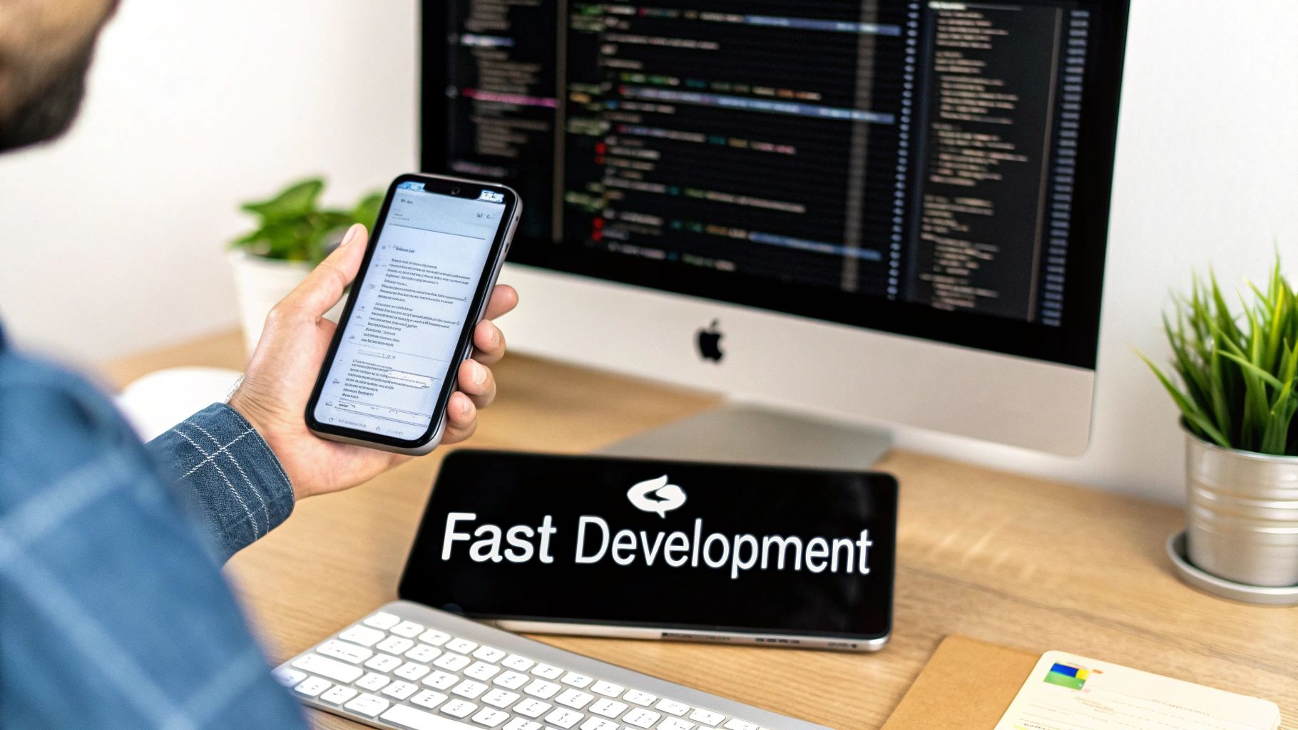 A person's hands hold a smartphone, with code on a computer monitor and 'Fast Development' on a tablet in the background.