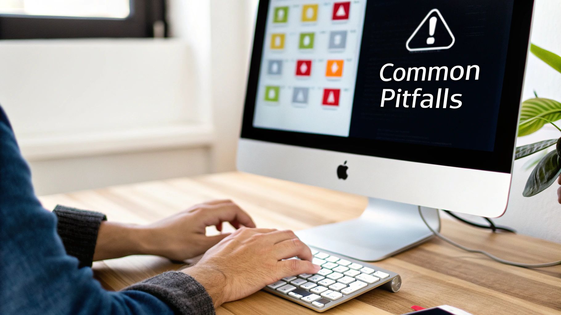 A person typing on a keyboard in front of an Apple iMac displaying 'Common Pitfalls' with a warning icon.