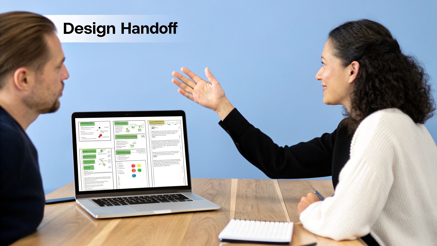 Two professionals review design documents on a laptop during a design handoff meeting.