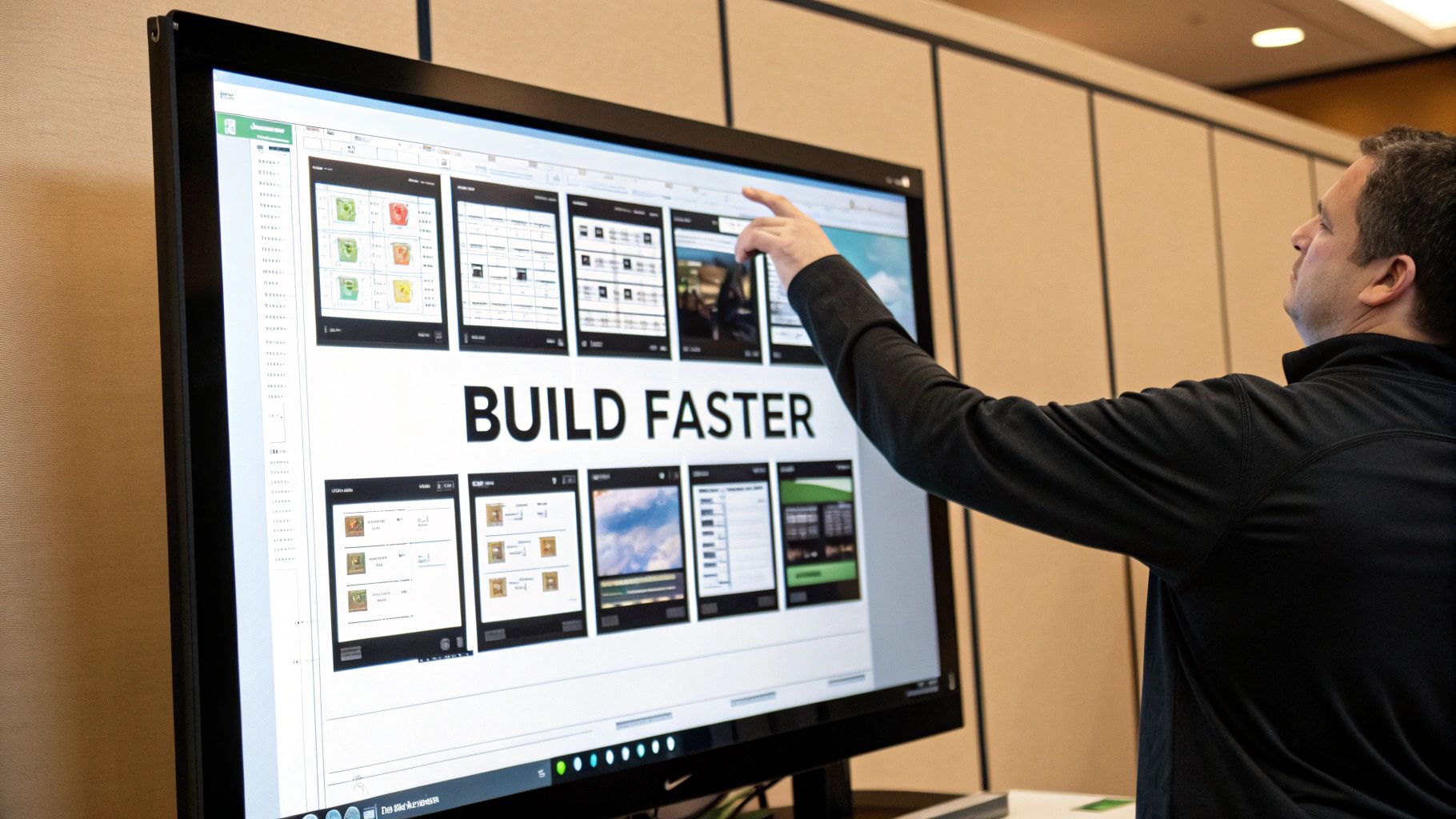 A man points at a large touch screen displaying various UI designs and 'BUILD FASTER' text.