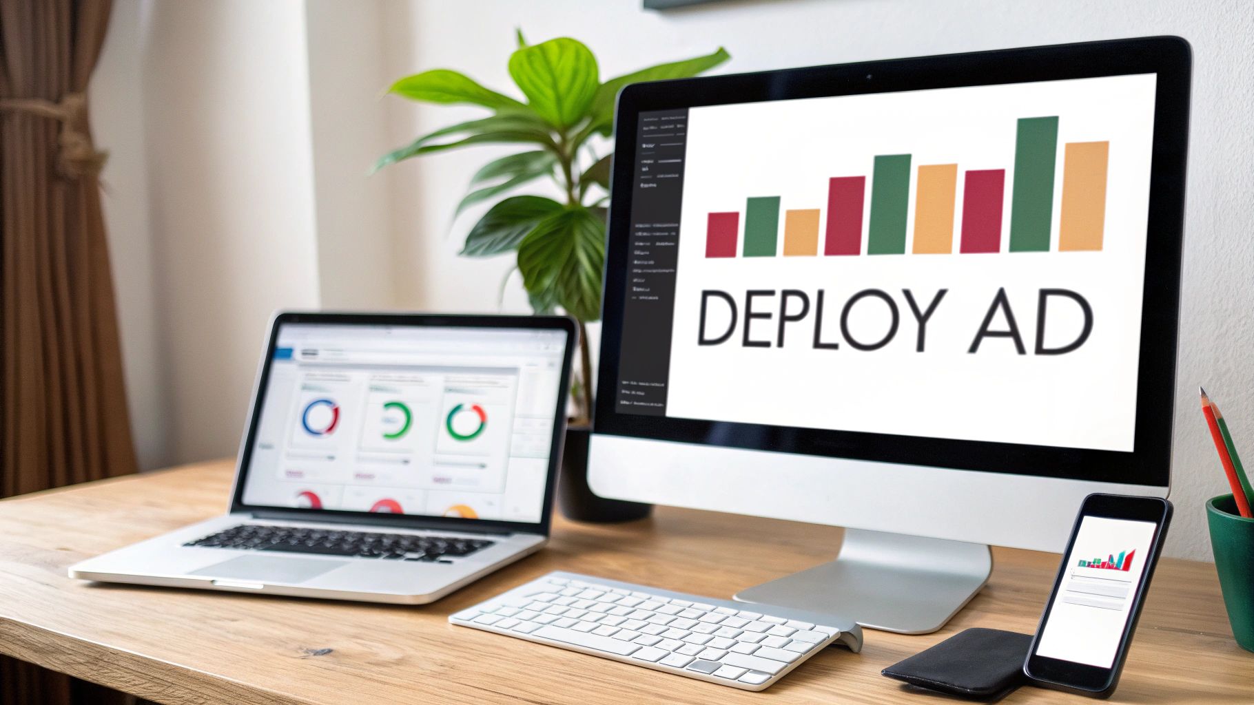 A modern workspace setup with a laptop and desktop showing digital advertising and analytics data.