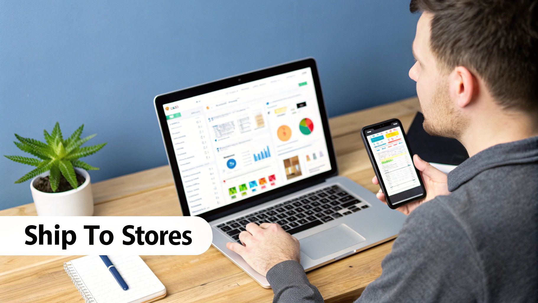 Man managing supply chain data on laptop and smartphone at a desk with a plant.
