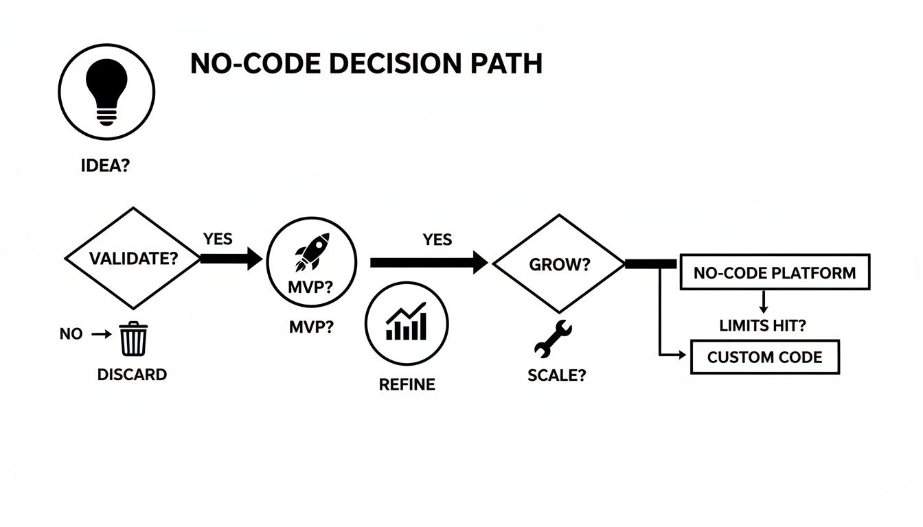 A no-code decision path flowchart guiding from initial idea, validation, MVP, growth, to platform choice.