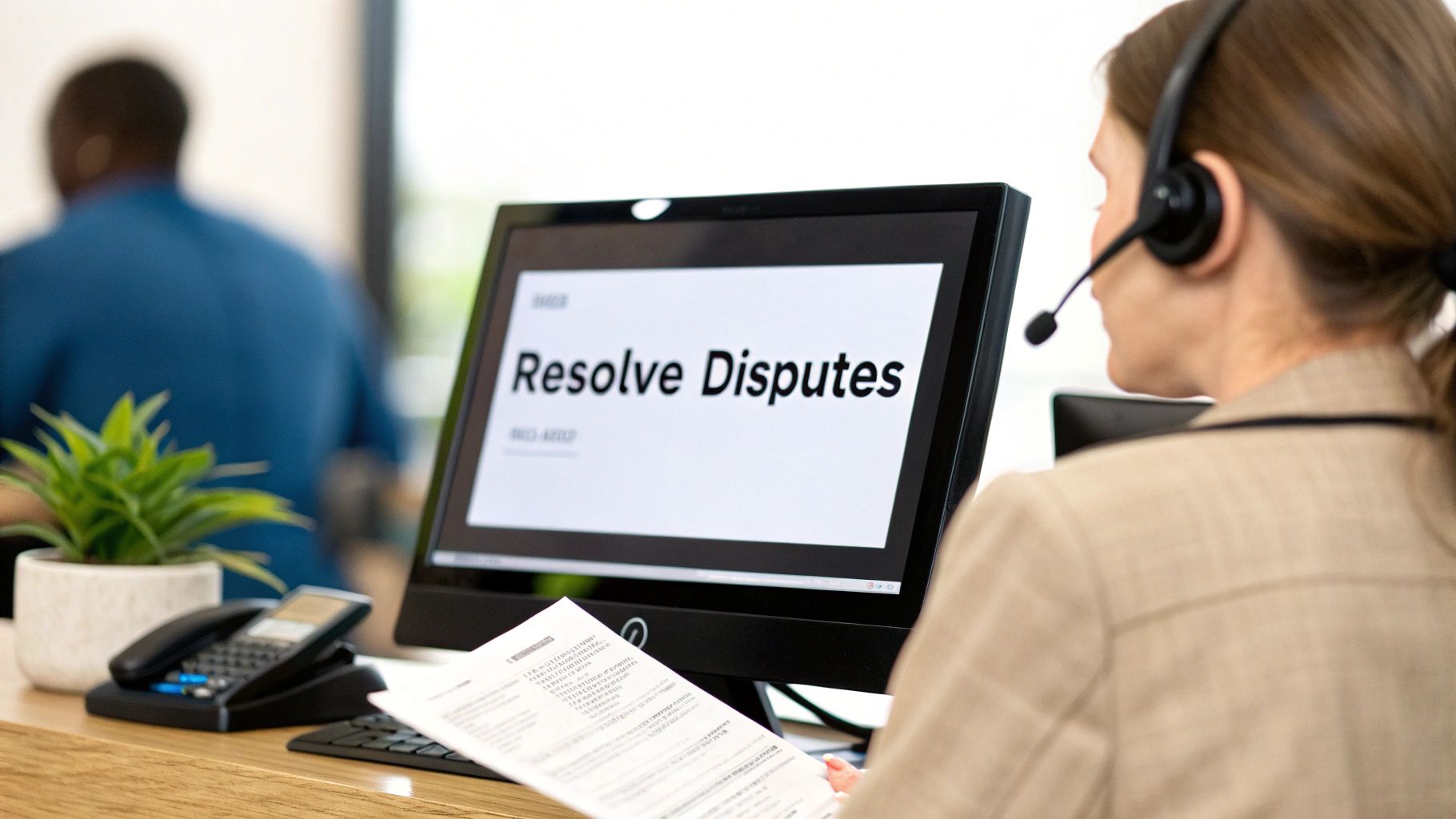 Customer service agent wearing a headset, looking at a computer screen displaying 'Resolve Disputes'.