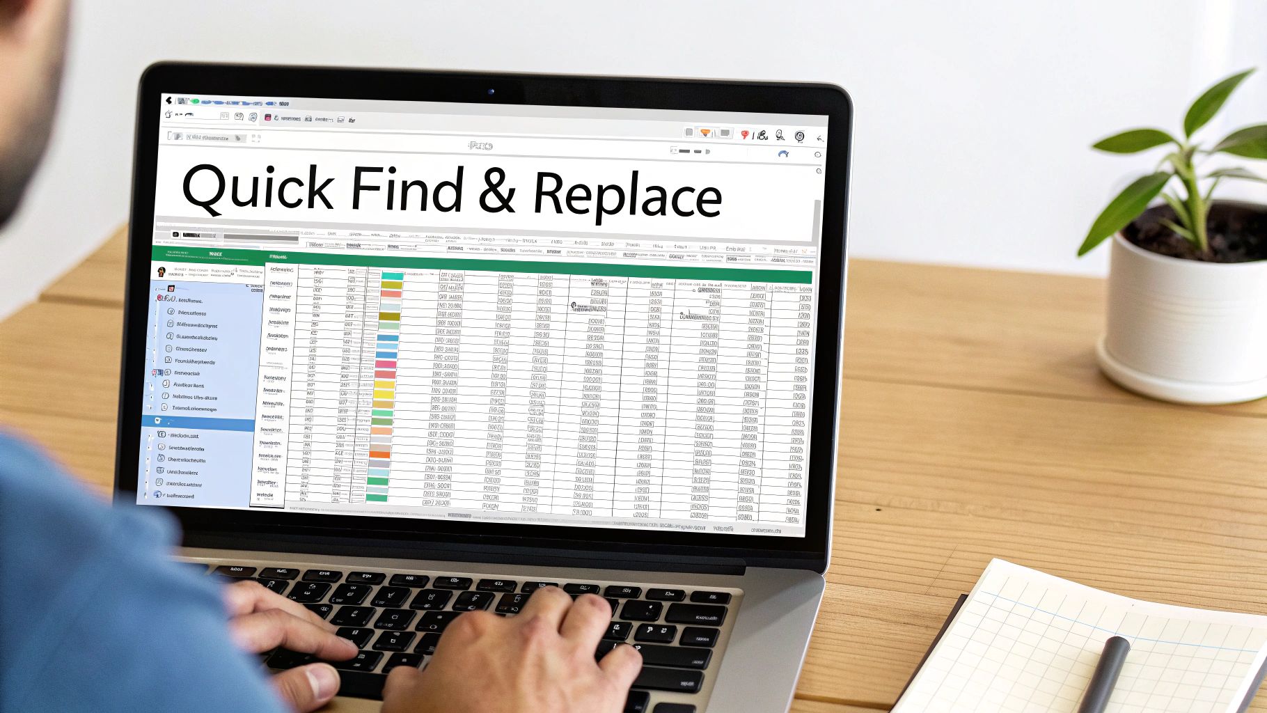 Person using a laptop with a spreadsheet displaying "Quick Find & Replace" on the screen.