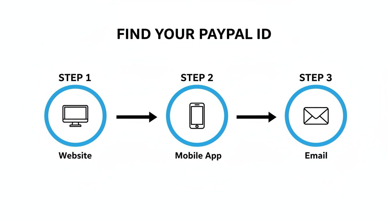 Infographic showing a three-step process to find your PayPal ID: Website, Mobile App, and Email.