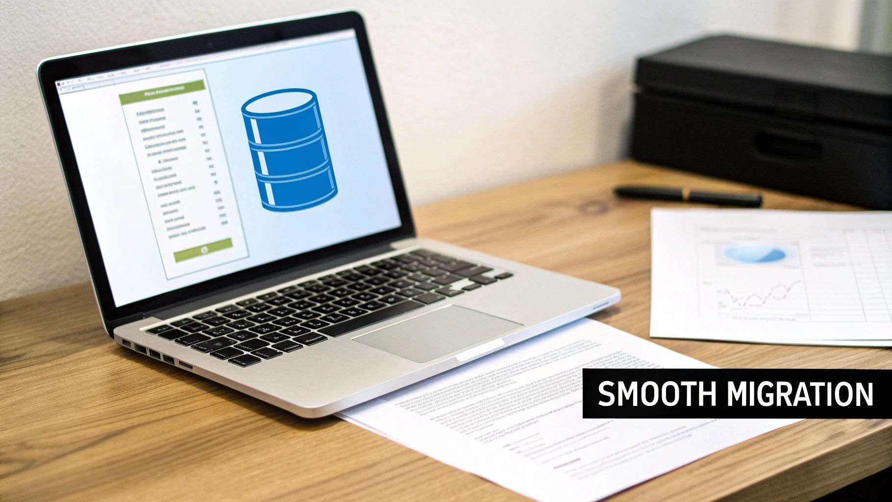 A laptop displays a database icon and data list on a wooden desk, emphasizing smooth data migration.