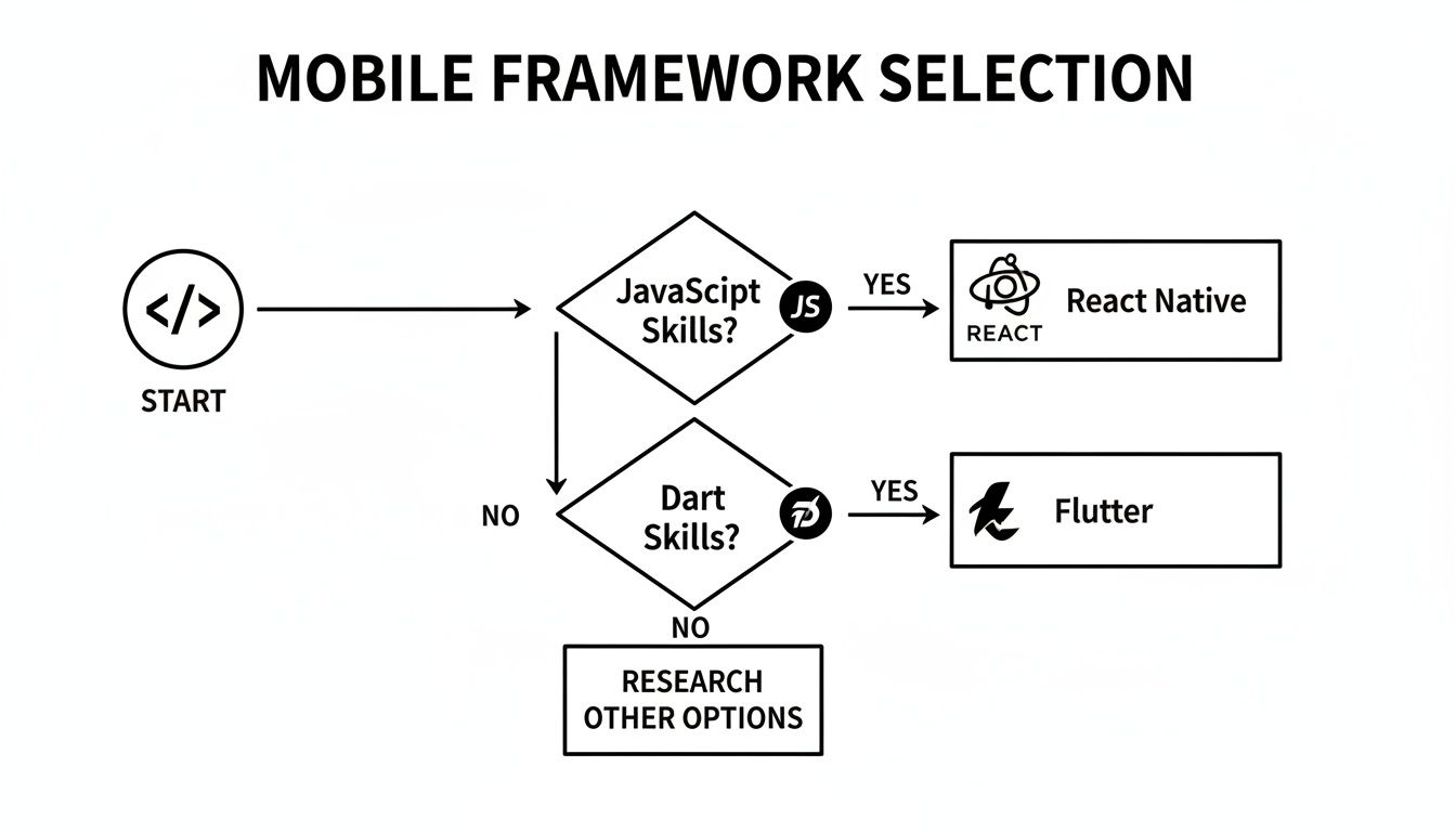 A flowchart showing mobile framework selection based on JavaScript or Dart programming skills.
