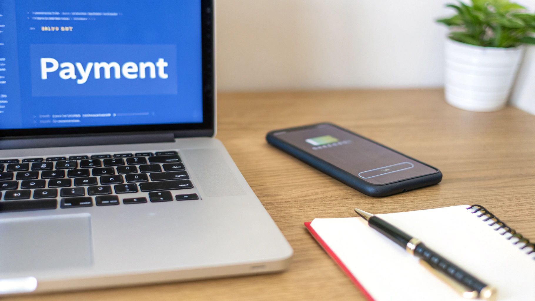 A laptop displaying 'Payment' on screen, a charging smartphone, notebook, and pen on a wooden desk.