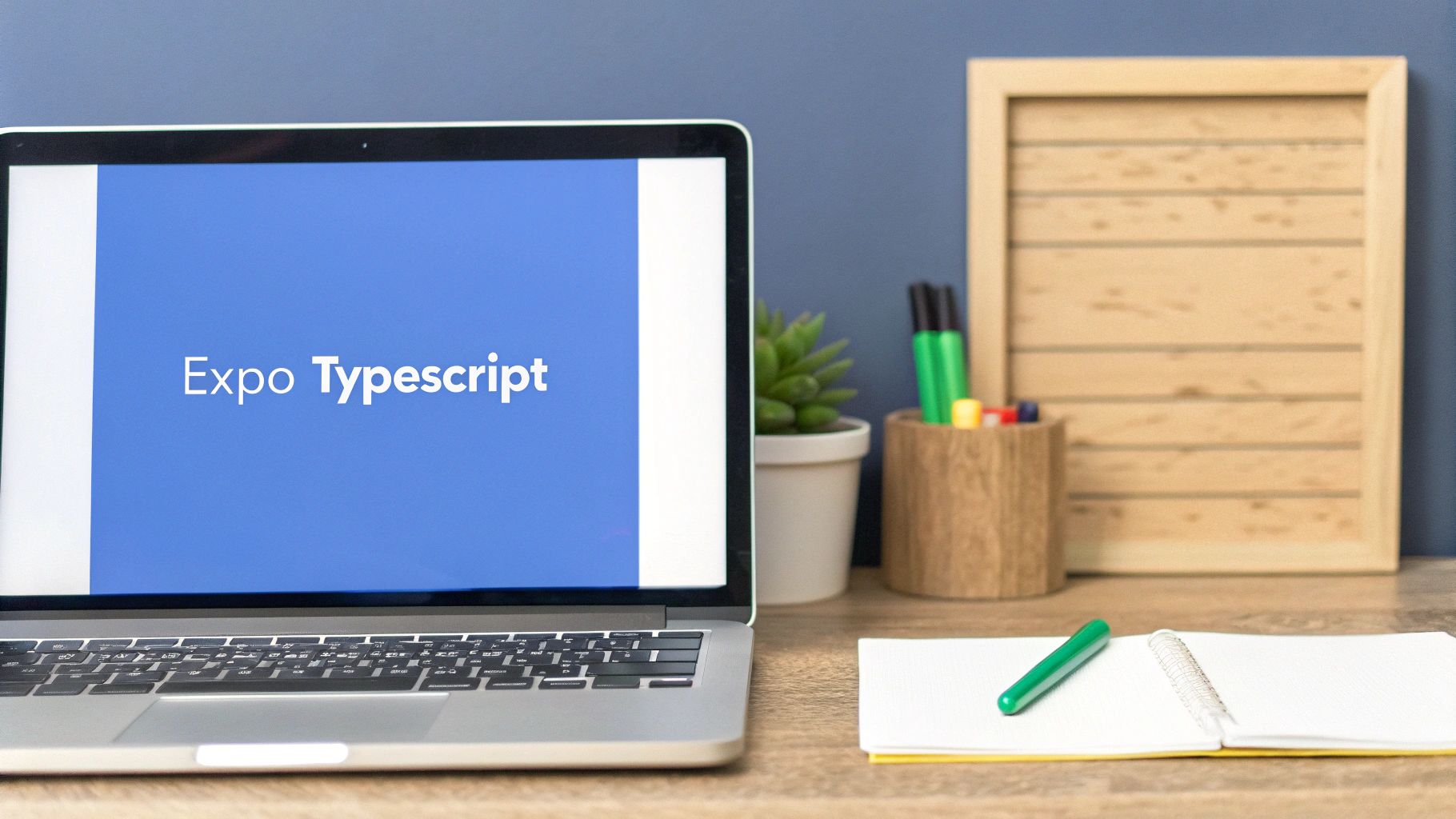 A silver laptop displaying 'Expo Typescript' on screen, with a plant, markers, and notebook on a desk.