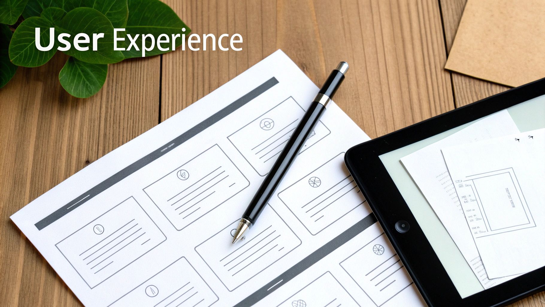 Overhead view of a desk with user experience wireframes, a pen, and a tablet displaying designs.