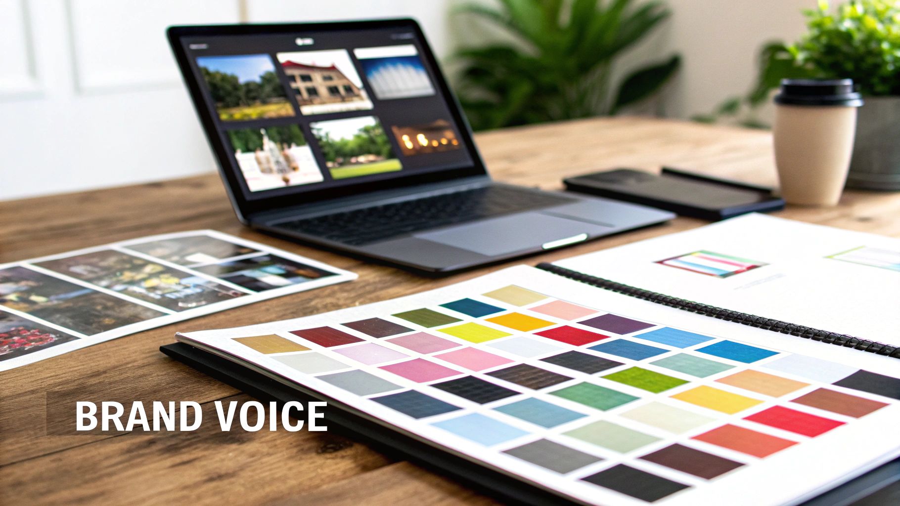 A wooden desk with a laptop showing images, a color palette book, and design materials.