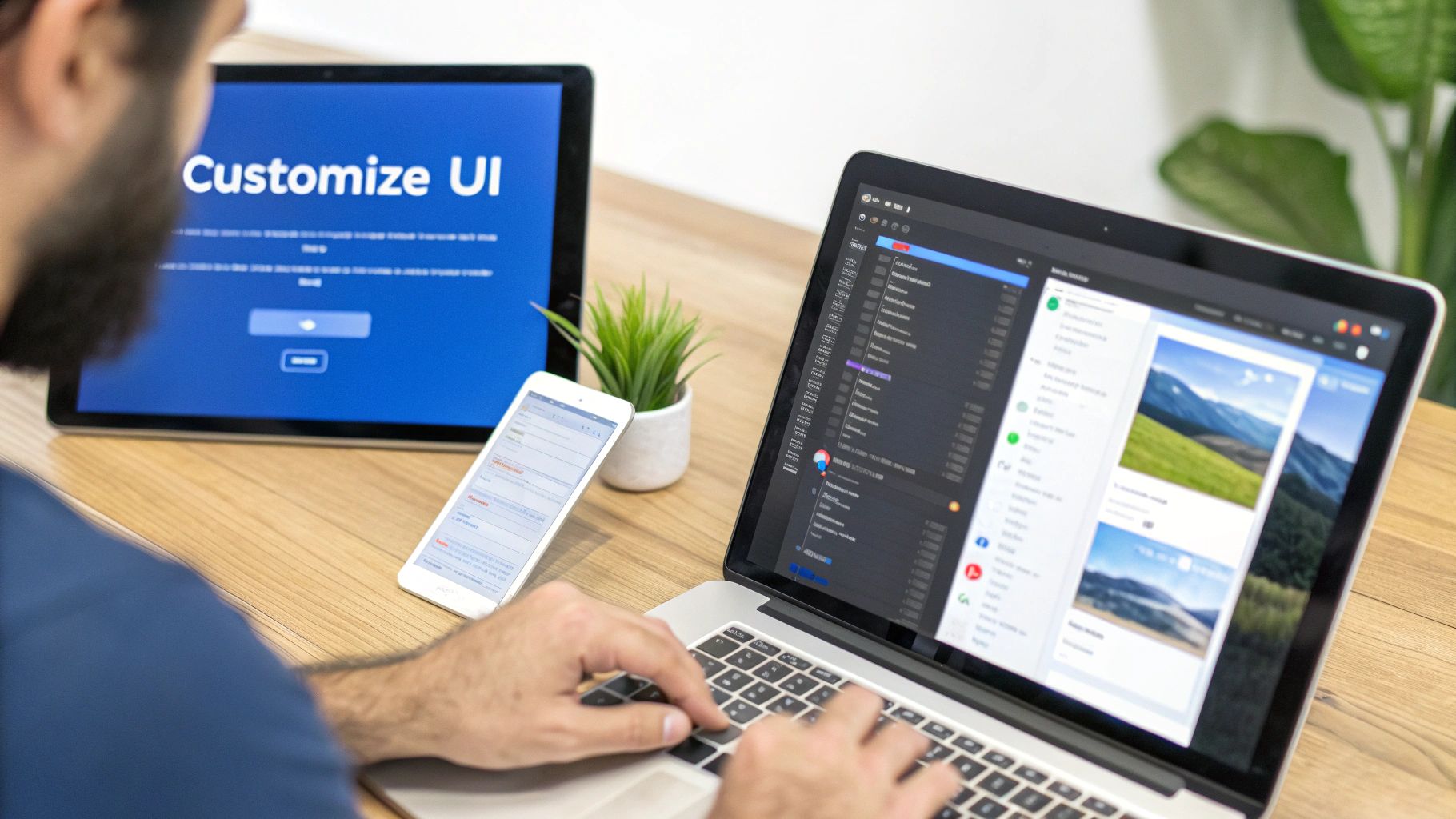 A person works on a laptop, tablet, and phone, displaying UI customization screens.