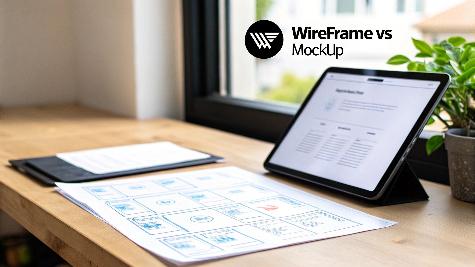 A desk with a printed wireframe, a tablet displaying a website mockup, and a potted plant.