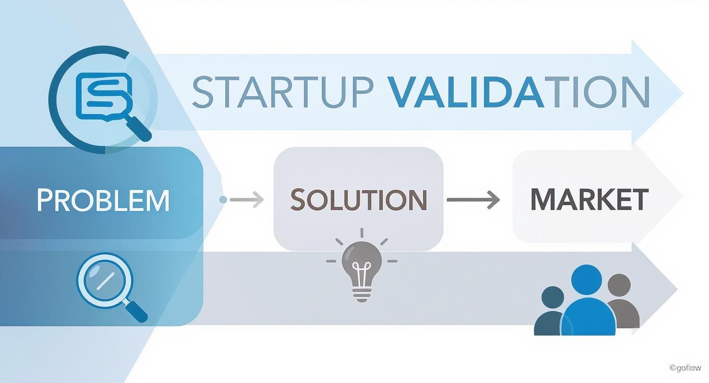 An infographic illustrating the startup validation process: identifying a problem, developing a solution, and targeting a market.