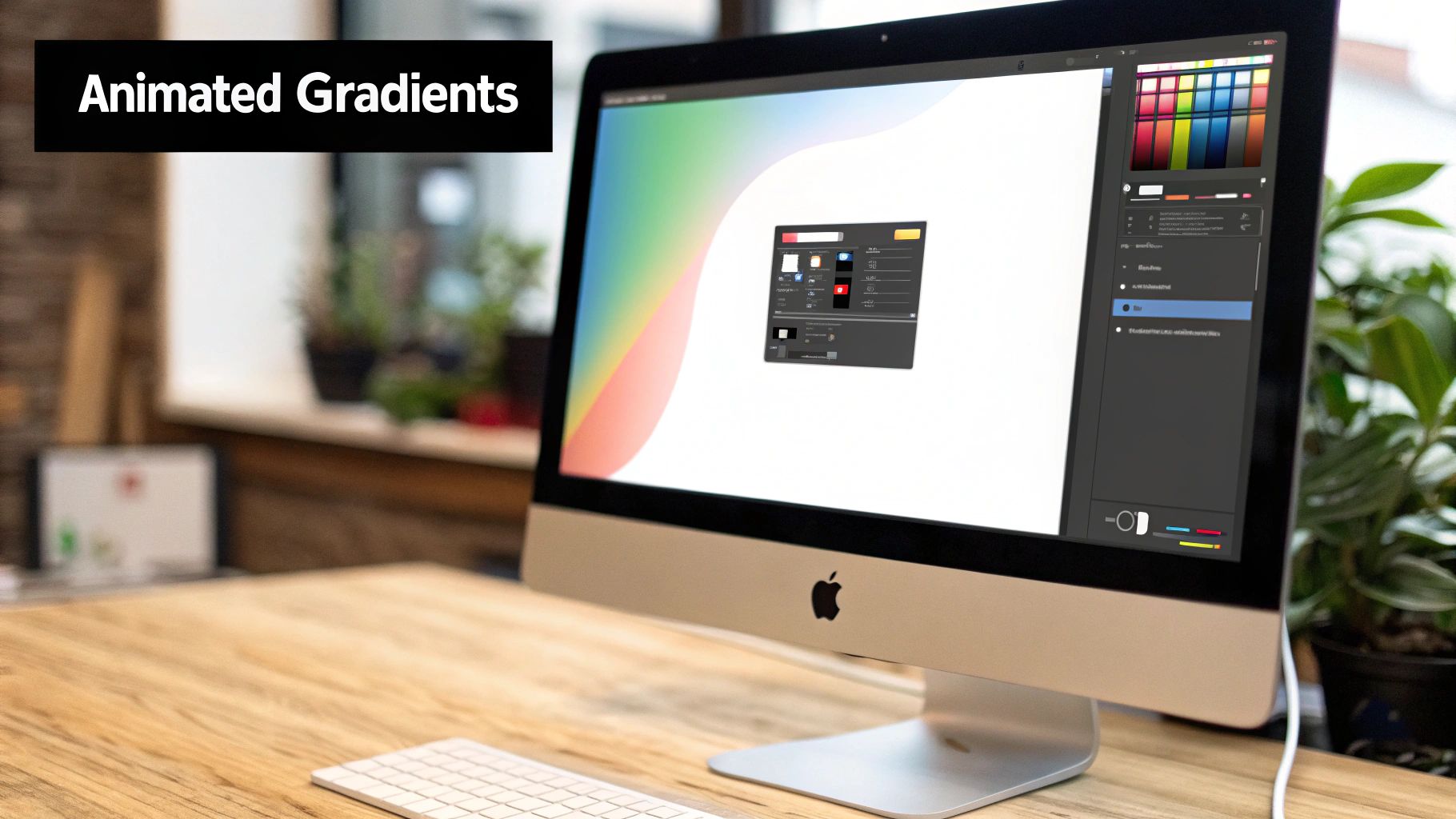 An iMac on a wooden desk displays design software featuring colorful animated gradients and a keyboard.