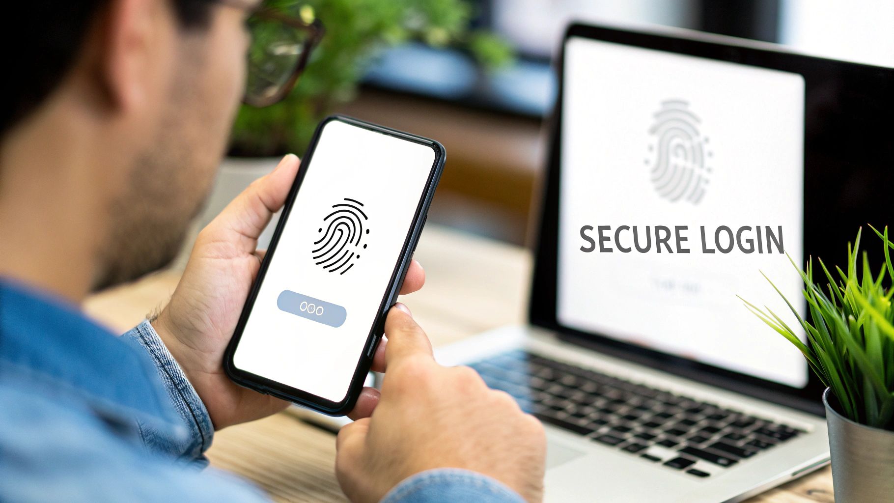A person uses a smartphone with a fingerprint login, while a laptop in the background shows 'SECURE LOGIN'.