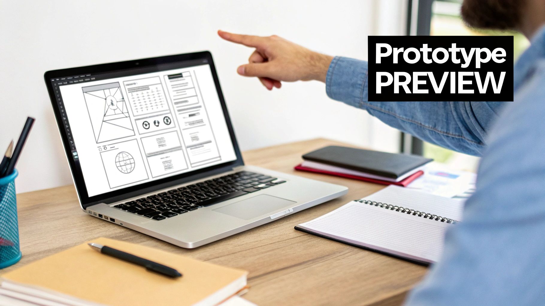 A hand points at a laptop screen displaying website prototypes, with a 'Prototype PREVIEW' text overlay.