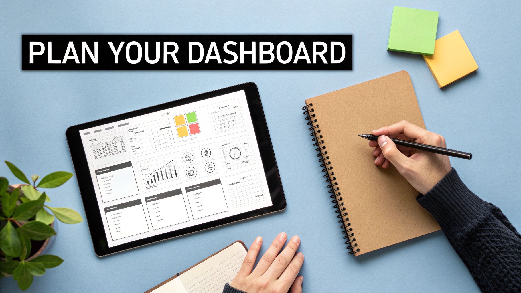 Hands planning a dashboard on a tablet and writing in a notebook, with sticky notes.