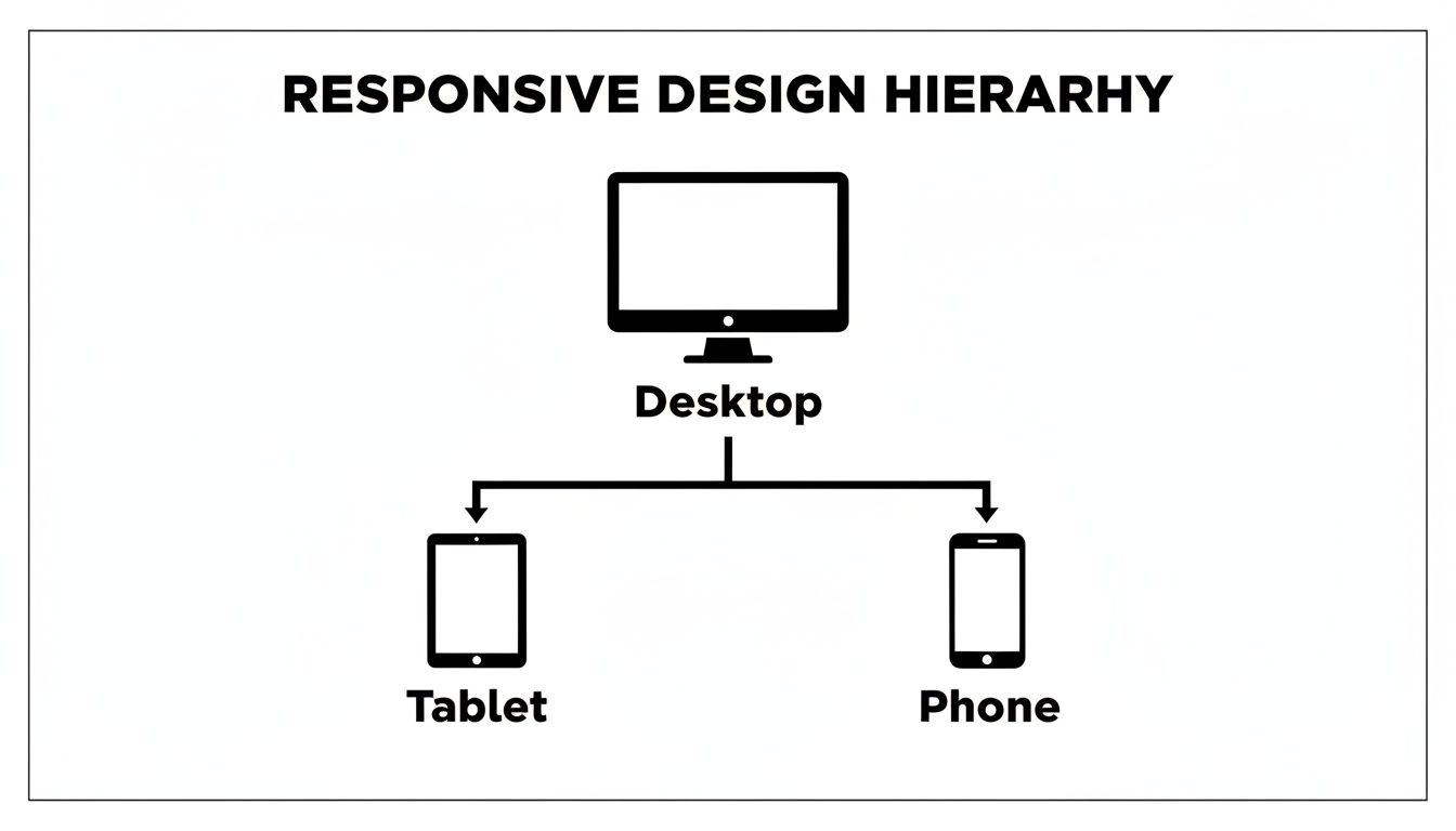 Diagram illustrating responsive design hierarchy, with a desktop branching down to a tablet and a phone.