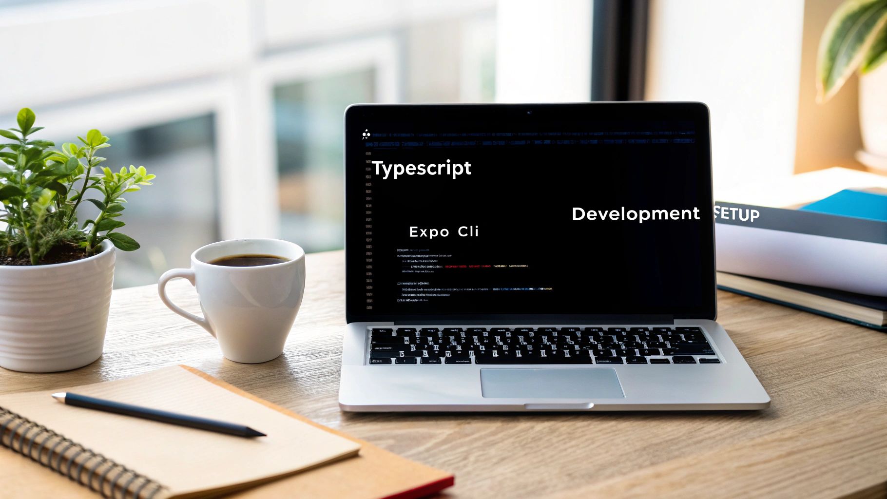 A laptop screen displaying 'Typescript Expo Cli Development SETUP' on a wooden desk with coffee and a plant.