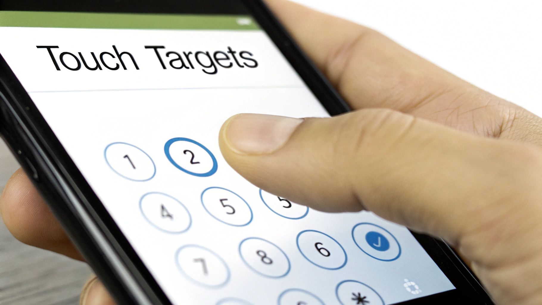 A hand interacts with a smartphone screen, pressing the number '2' on a dial pad, with 'Touch Targets' text visible.