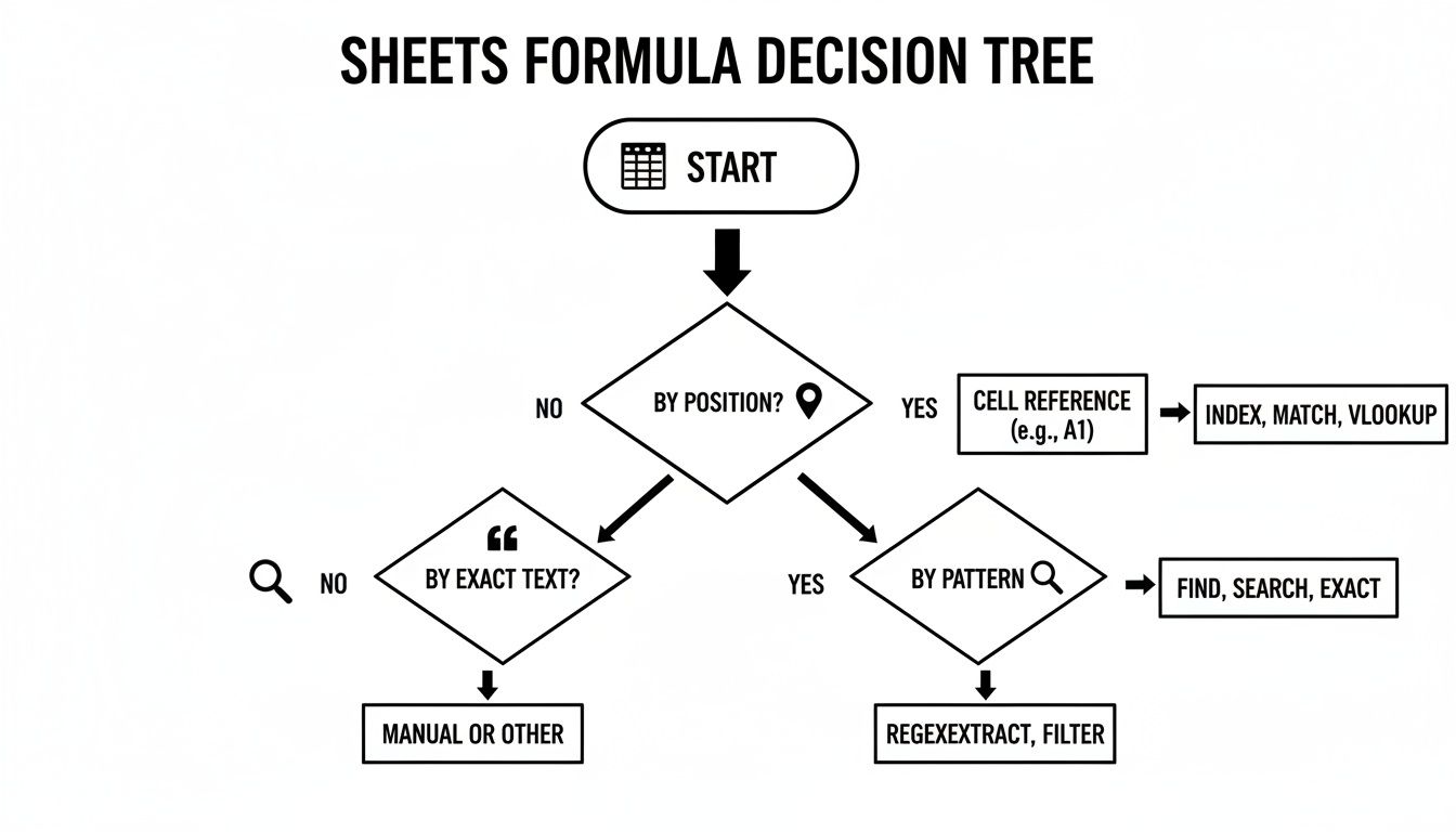 A Google Sheets formula decision tree diagram guiding users to appropriate functions for different data tasks.