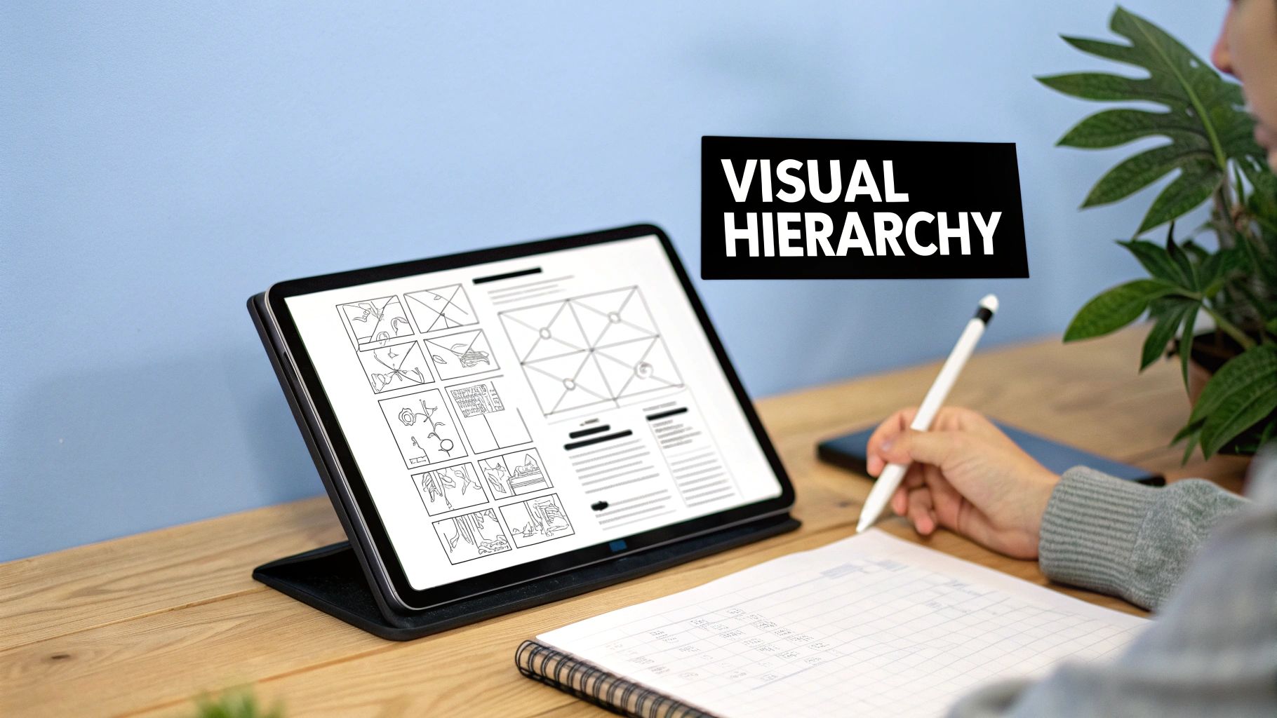 A person's hand sketches in a notebook beside a tablet displaying UI wireframes, focused on visual hierarchy.