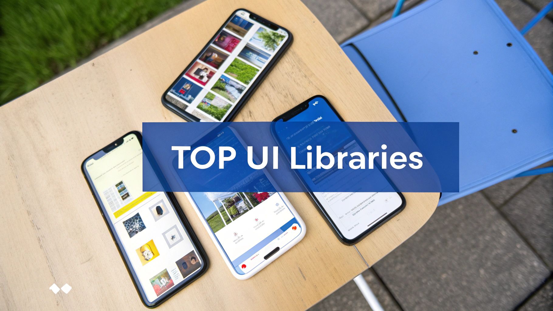 Four smartphones displaying various app UIs on a wooden table, with a 'TOP UI Libraries' overlay.