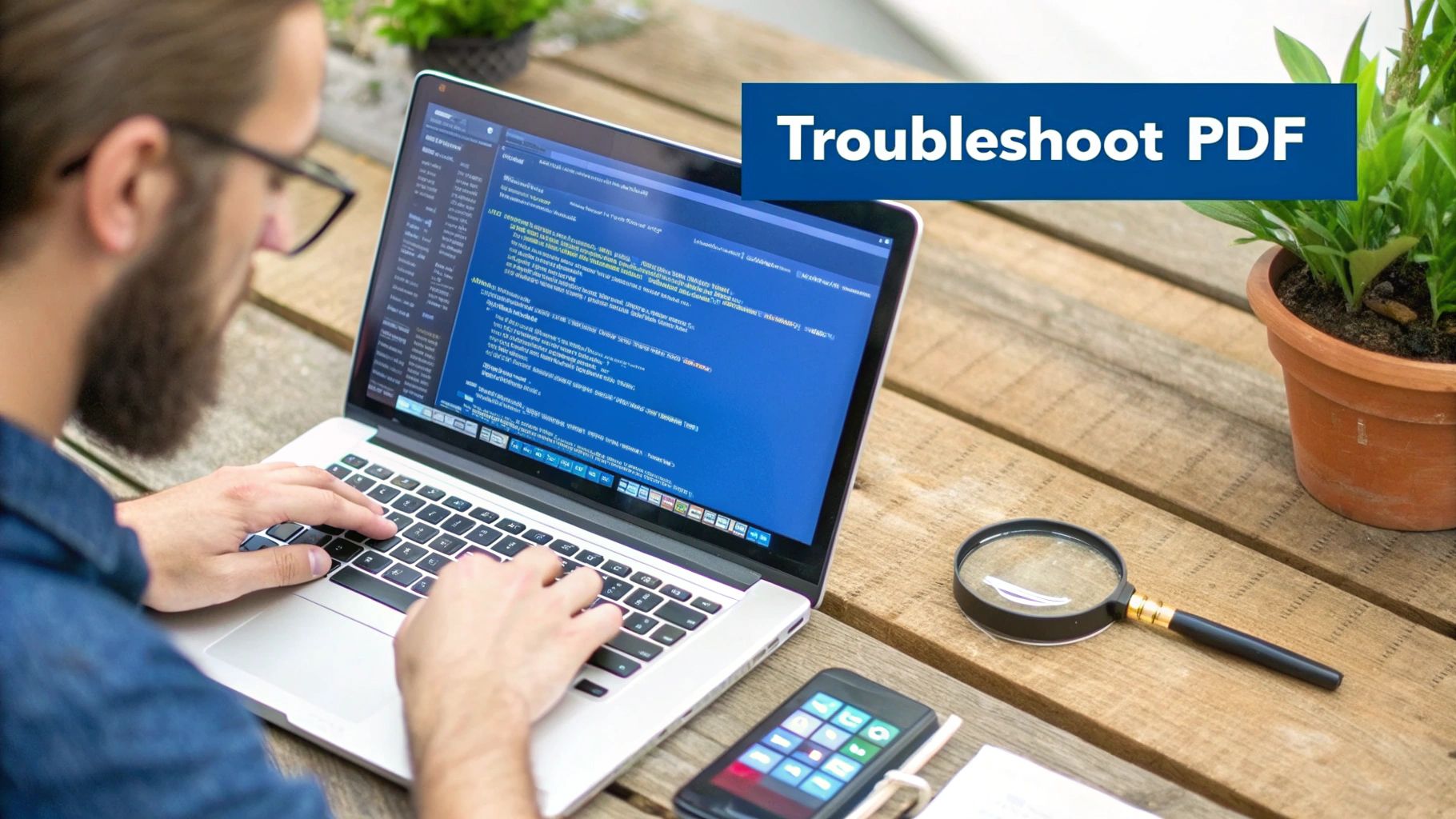 Man troubleshooting PDF on a laptop, with a smartphone, magnifying glass, and plant on a wooden desk.