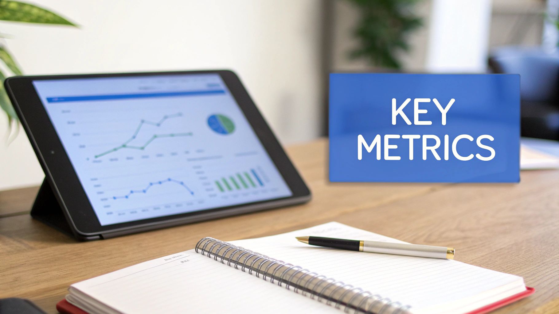 A tablet displays business graphs and charts next to a 'KEY METRICS' sign, notebook, and pen.