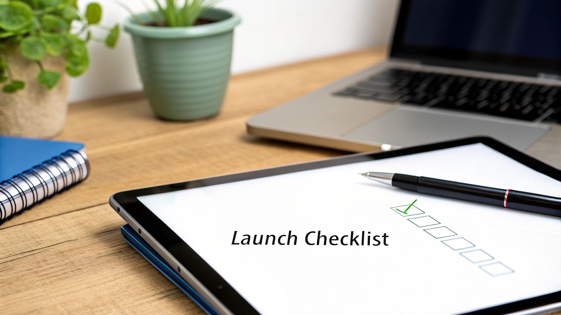 A tablet displays a 'Launch Checklist' with a checked item and a pen, on a desk with a laptop and plants.