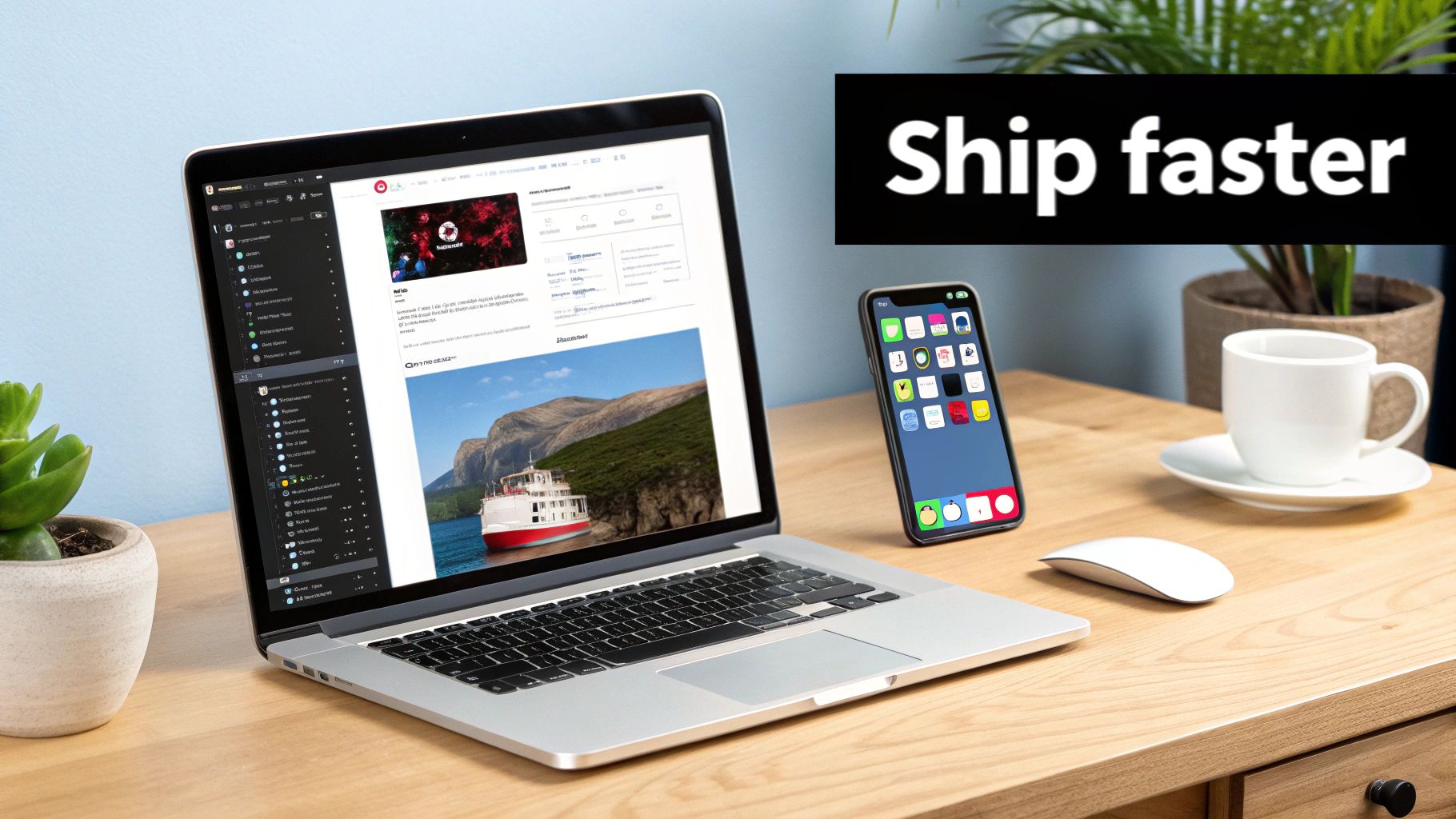 A modern workspace with a laptop, smartphone, coffee cup, and mouse on a wooden desk with a 'Ship faster' banner.
