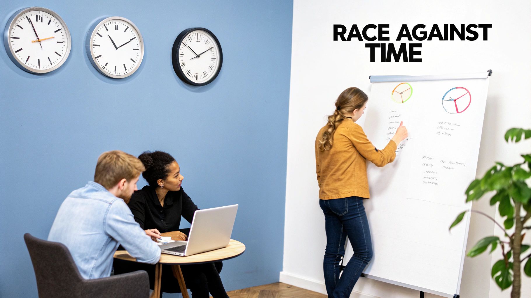 Three colleagues collaborate in an office, one writing on a flip chart, with multiple clocks on a blue wall.