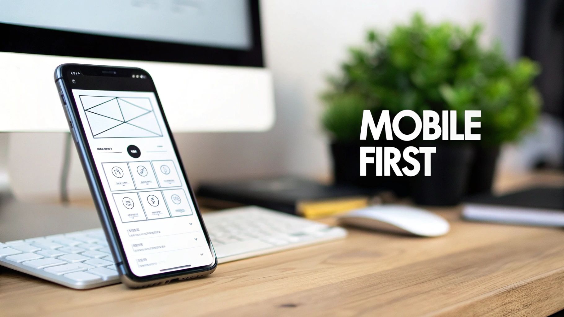 A smartphone displaying a mobile app design wireframe on a desk with a monitor, keyboard, and mouse, emphasizing 'MOBILE FIRST'.