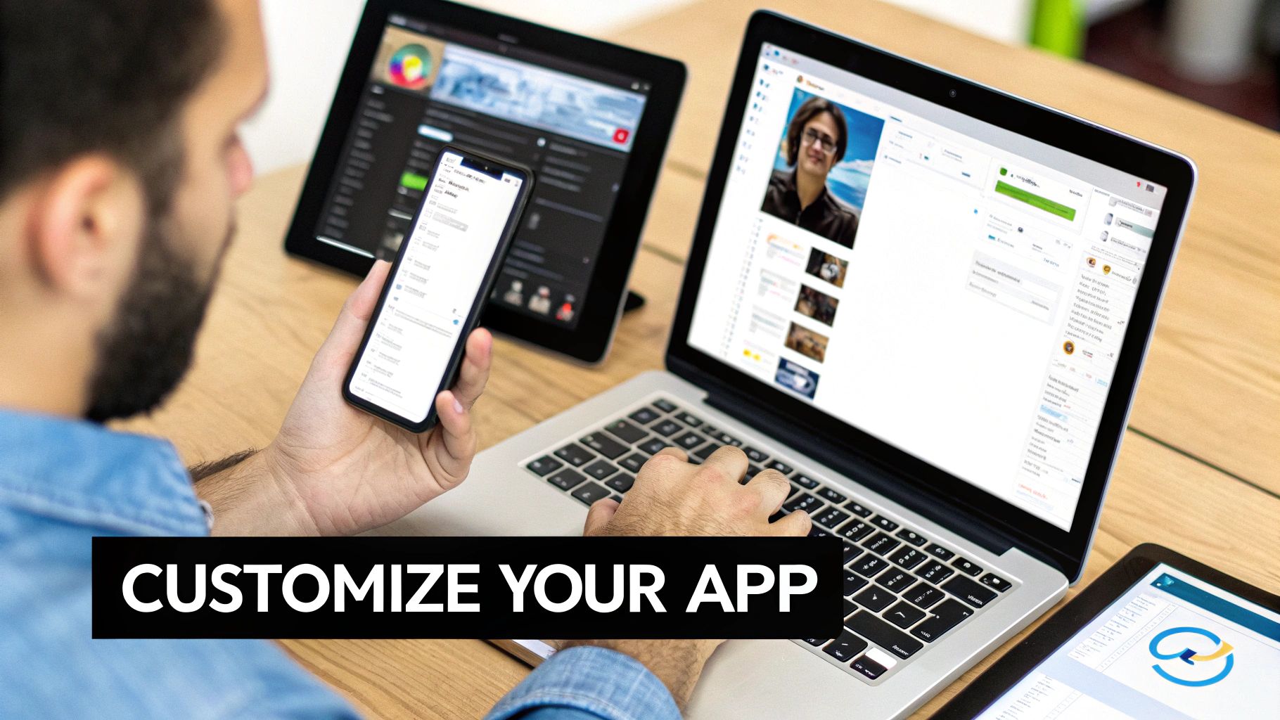 A person customizing an app on a smartphone, laptop, and tablet, highlighting multi-device development.