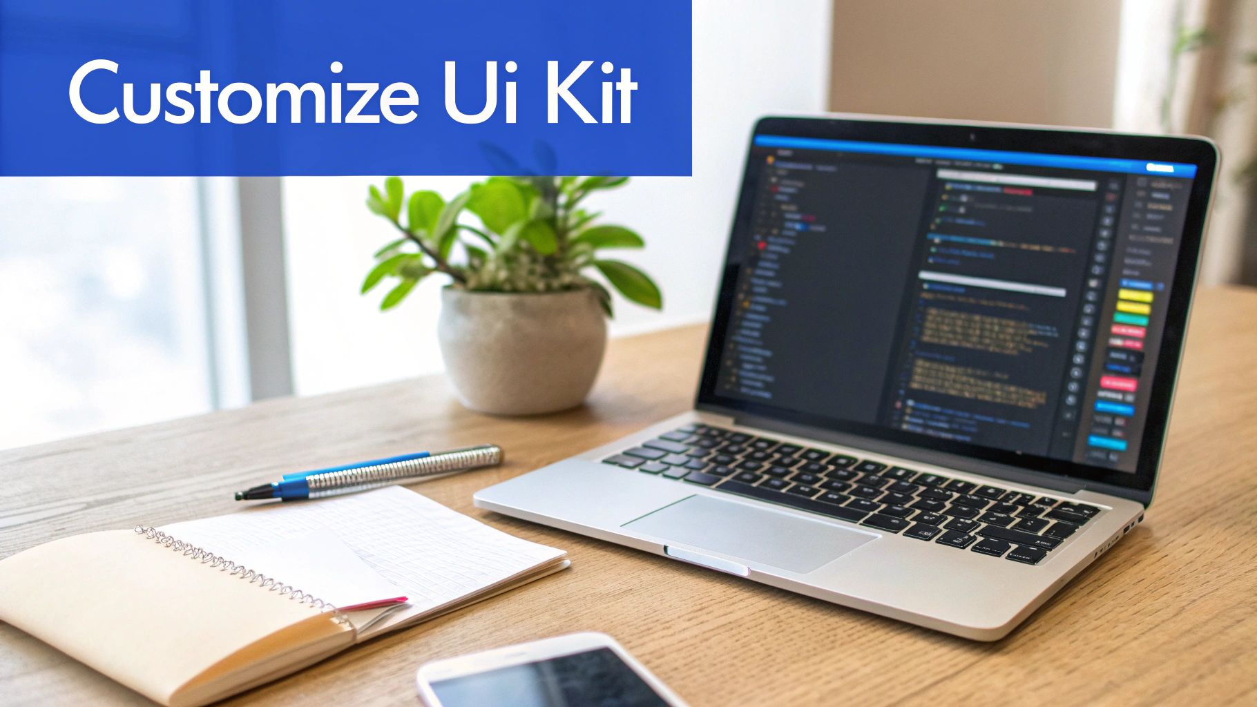 A developer workspace with a laptop showing code, notebook, pen, and plant, with a 'Customize UI Kit' banner.
